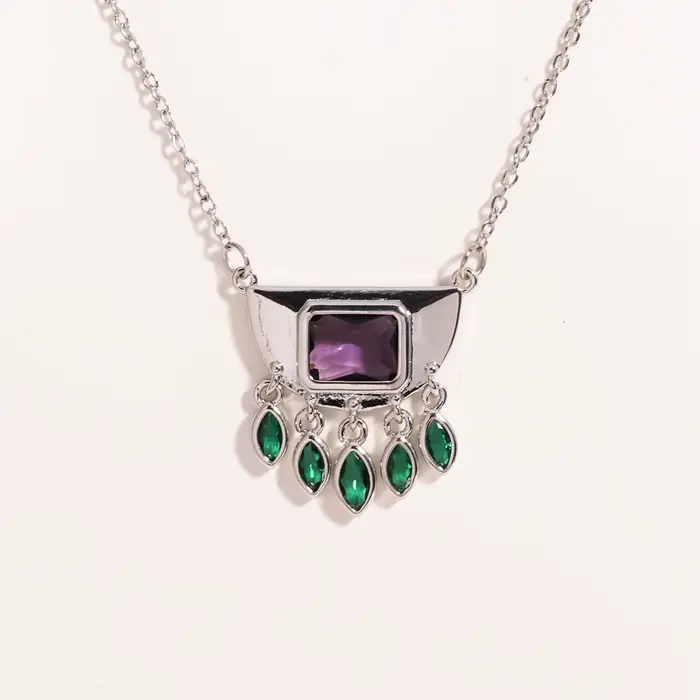 Collier avec pendentif à pampilles en Zircon ovale vert demi-rond en acier inoxydable pour femmes, usage quotidien, chaîne de cou à la mode, bijoux imperméables