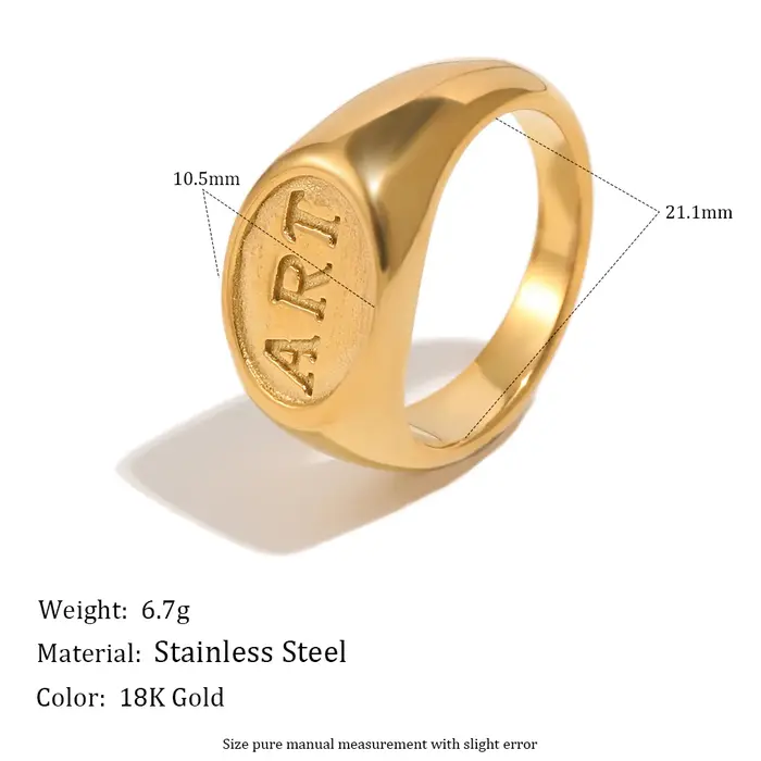 E.B.belle Bague Signet Unisexe ART Initiale en Acier Inoxydable Plaqué Or 18K Poli, Anneaux Ovales M
