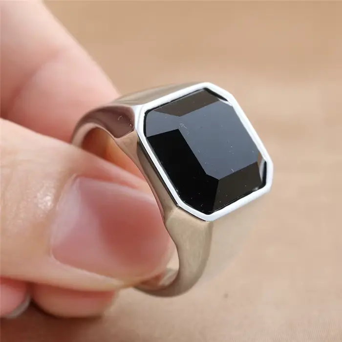 Bague chevalière carrée géométrique noire en acier inoxydable, avec Zircon, pierre d'agate noire, pour hommes et femmes, bijoux cadeaux de haute qualité