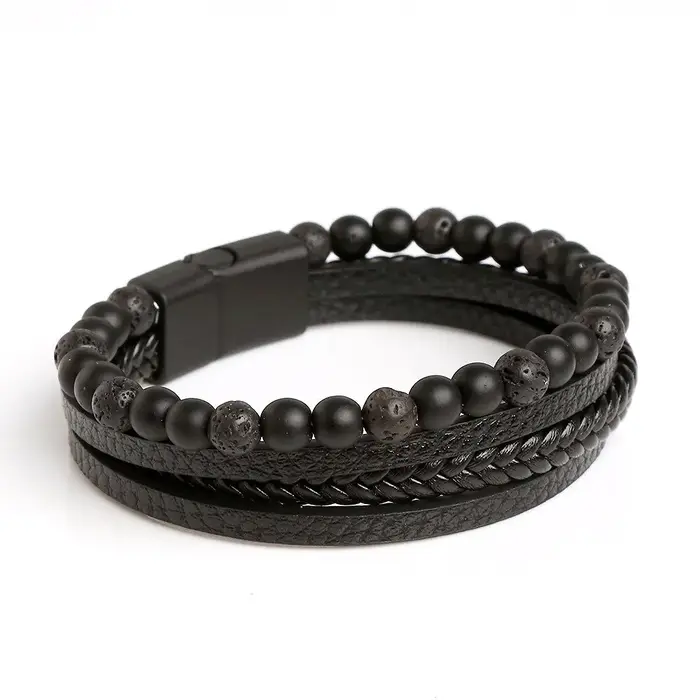 Hommes Bracelet en cuir classique mode oeil de tigre perlé Multi couche