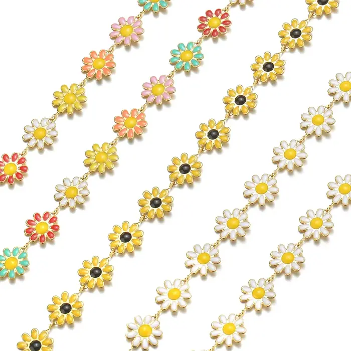 Chaînes en acier inoxydable couleur or émaillé motif tournesol