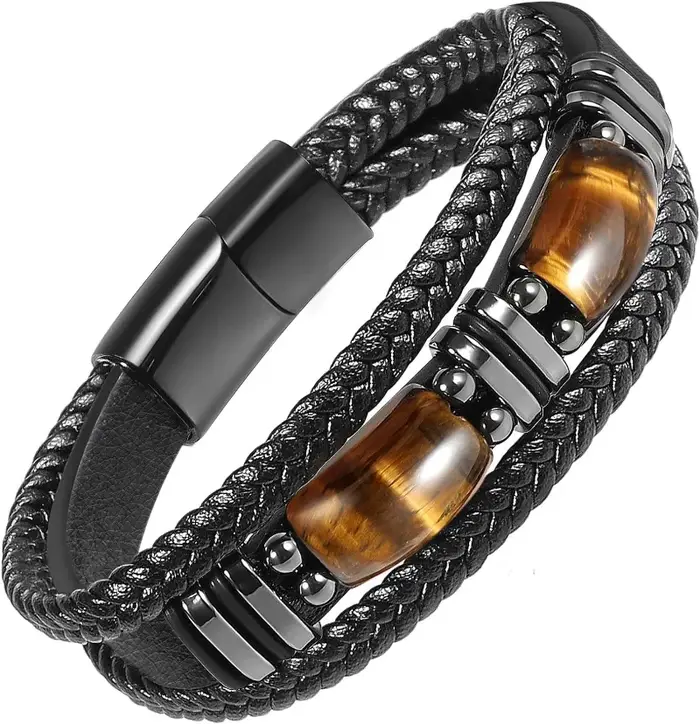 Bracelet en cuir noir œil de tigre pour hommes