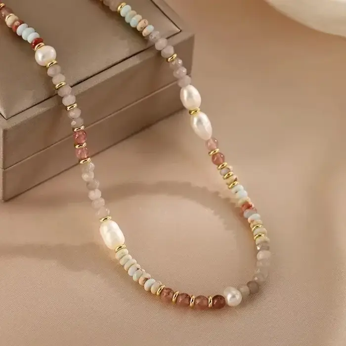 Minar rétro coloré pierre naturelle cristal perle d'eau douce brin collier de perles pour les femmes 14K véritable plaqué or cuivre Sautoirs