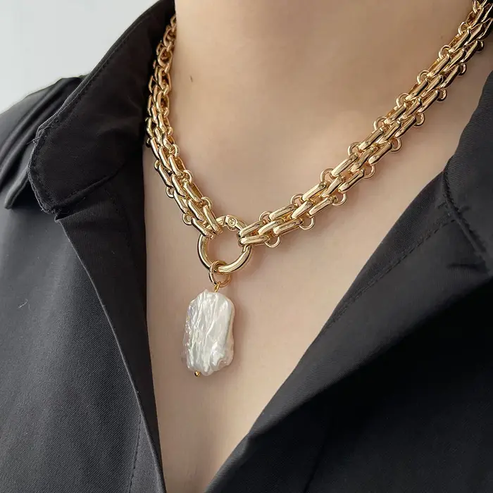 Peri'sBox grand carré naturel perle d'eau douce pendentif grosse chaîne collier pour femmes Vintage élégant baroque perles colliers