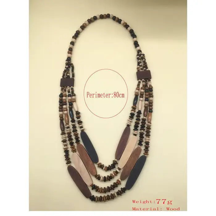 Collier ethnique géométrique en perles de bois avec chaîne de pull multicouche