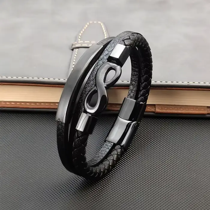 Bracelet Infini à 8 Symboles Multicouches en Cuir Noir avec Breloque Magnétique Fermoir Double Sécurité Bijou Cadeau Occasions Spéciales Pour Homme