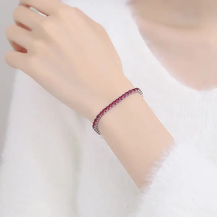 YLMyself Bracelet Tennis Argent 925 Rubis Rouge Foncé # Bijoux en zircone cubique pour femmes
