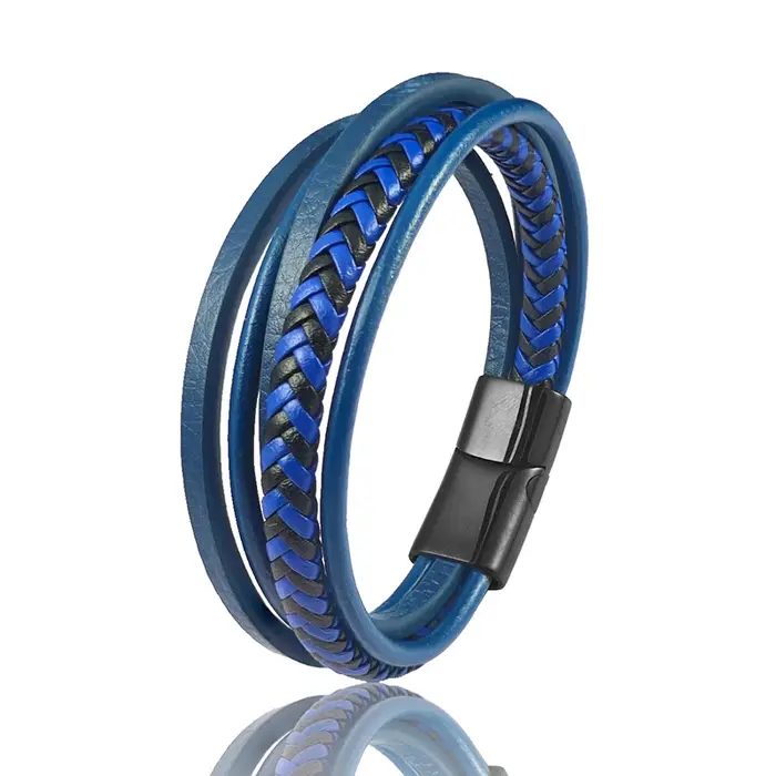 Bracelet vintage multicouche en cuir bleu et acier inoxydable pour homme