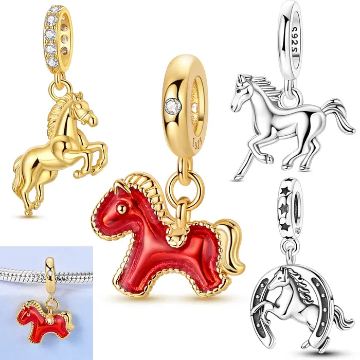 Breloques Perles Cheval Rouge Doré en Argent Sterling 925 pour Bracelet Original, Cadeau Idéal pour Occasions Spéciales Femme