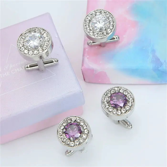 Boutons de Manchette Élégants Vysshiy Ronds Délicats en Cristal Violet Pour Hommes et Garçons Occasions Spéciales