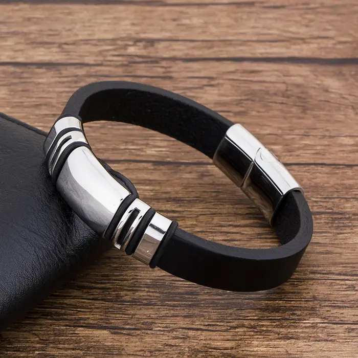 TYO-Bracelet à breloques en cuir véritable pour hommes et femmes, acier inoxydable, fermoir magnétiq