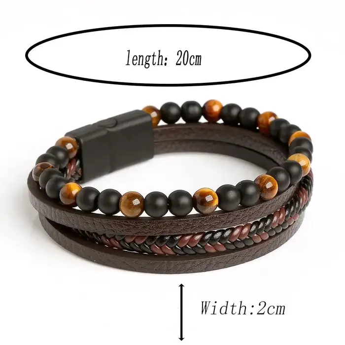 Wannee hommes Bracelet en cuir classique mode oeil de tigre perlé multicouche