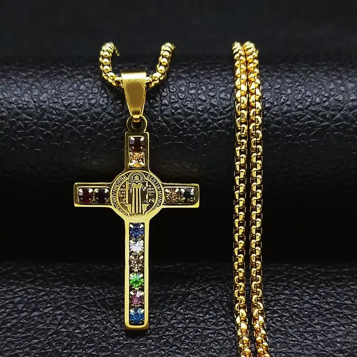 Collier en acier inoxydable avec croix de jésus catholique, pendentif en cristal de Saint benoît, vierge marie, Crucifix, colliers pour hommes, bijoux cruz