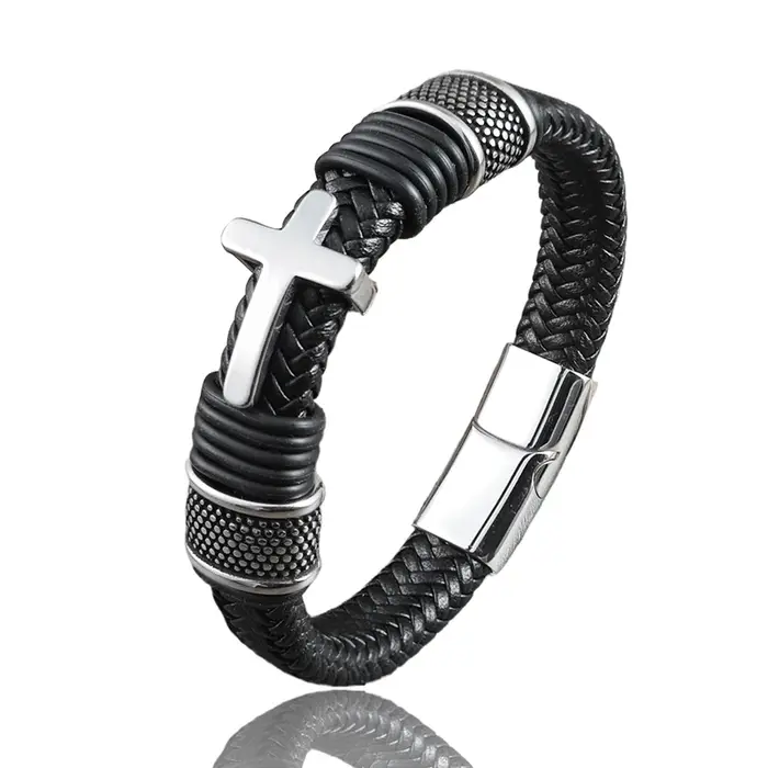 Bracelet magnétique en cuir noir de luxe, design croisé, mature, stable et élégant, offrant le meill