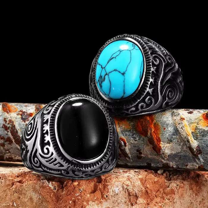 Bagues Vintage en acier inoxydable pour hommes et femmes, sculptées en Turquoise noir, Punk Rock, accessoires de bijoux de luxe à la mode, cadeau, vente en gros