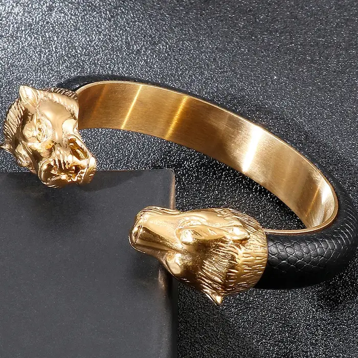 Bracelets ouverts en acier inoxydable couleur or avec tête de lion pour hommes