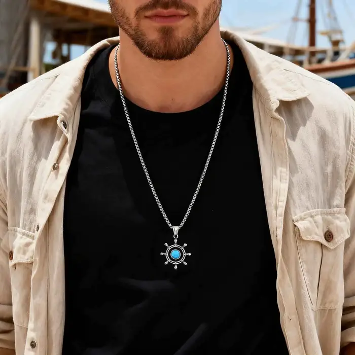 Collier Turquoise de gouvernail en acier inoxydable pour hommes