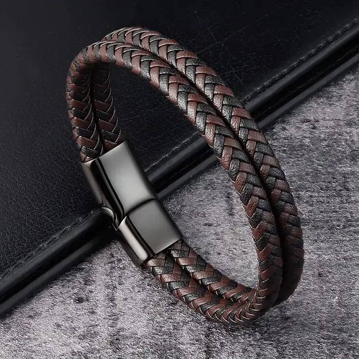 Bracelet en cuir véritable tressé noir et bleu pour hommes, Double bande