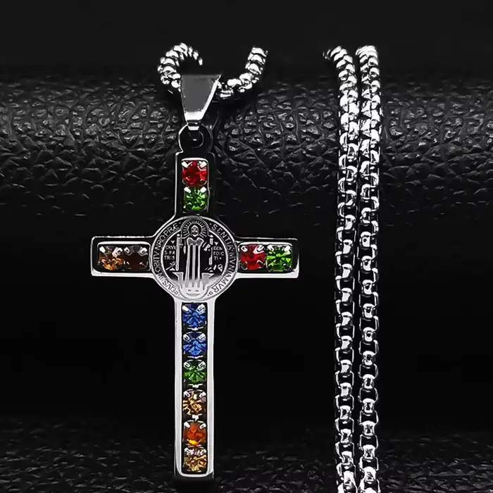 Collier en acier inoxydable avec croix de jésus catholique, pendentif en cristal de Saint benoît, vierge marie, Crucifix, colliers pour hommes, bijoux cruz