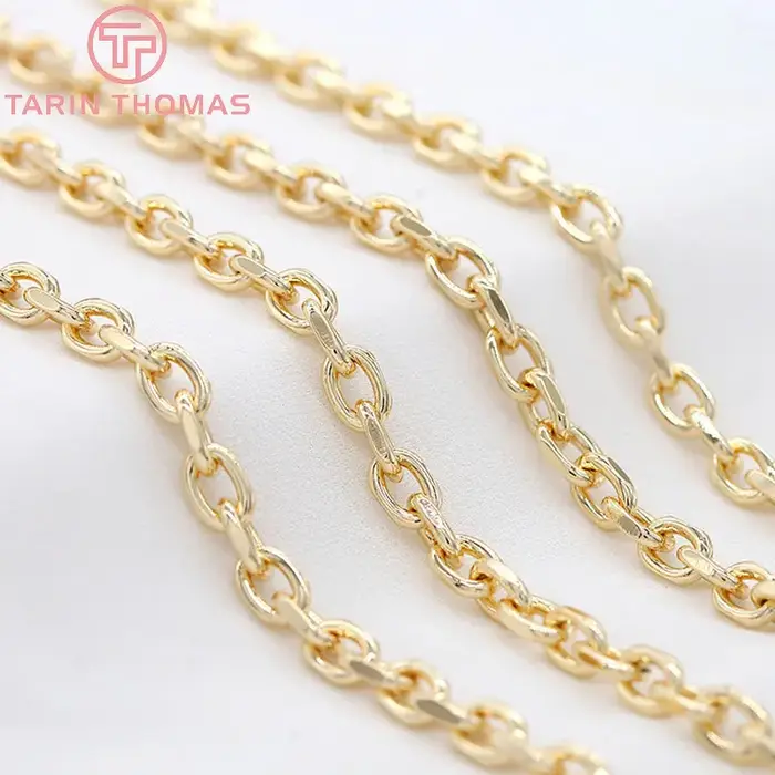 (6347) 50CM largeur 7MM 24K couleur or plaqué laiton collier chaînes Bracelet chaînes haute qualité 