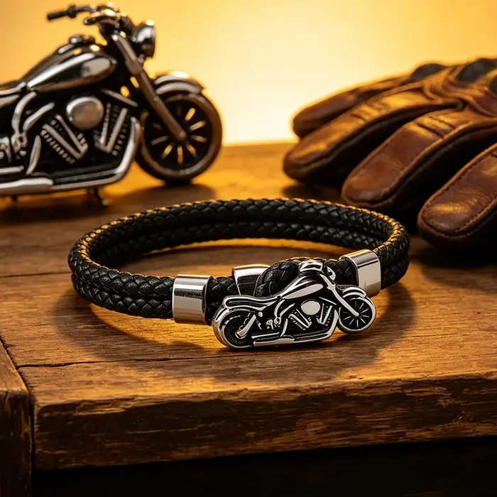 Bracelet en cuir pour homme de style moto classique