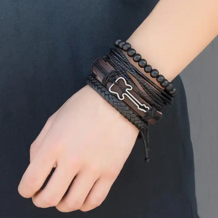 Bracelet en cuir tissé pour homme avec finition en alliage d'aluminium doré style classique bijoux géométriques occasions spéciales et quotidiennes