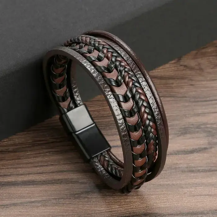 Bracelet tressé en cuir vintage superposé, classique, fait main, avec fermoir magnétique en alliage,