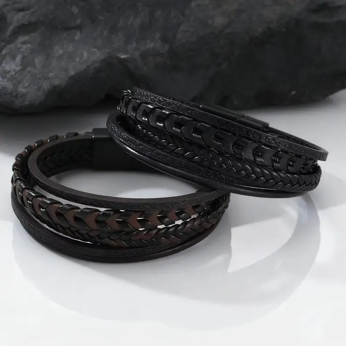 Bracelets en corde tressée multicouche pour hommes, bracelet classique en cuir PU fait à la main avec boucle magnétique, bijoux punk tendance, cadeau