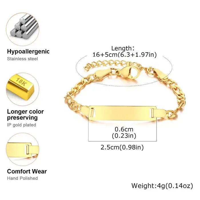 Bracelet à maillons en acier inoxydable plaqué or avec nom et texte personnalisés