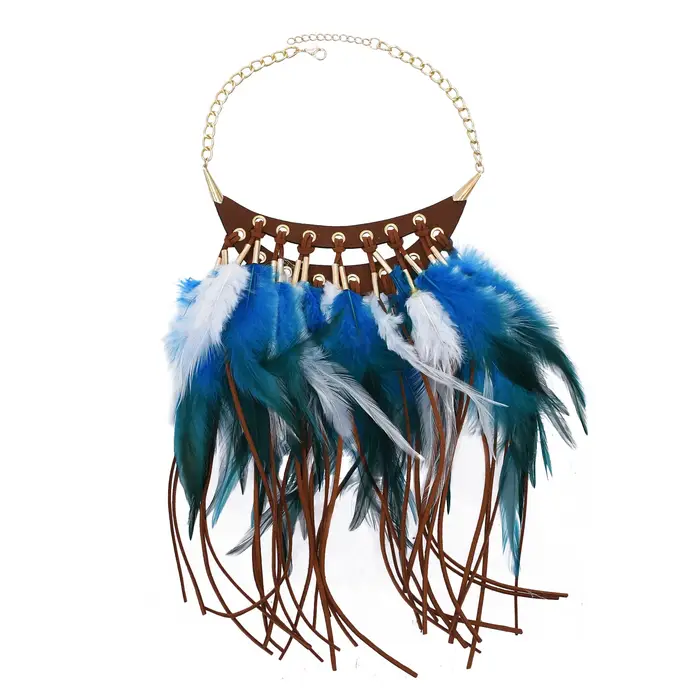 Collier avec pendentif en cuir et plumes longues marron et noir