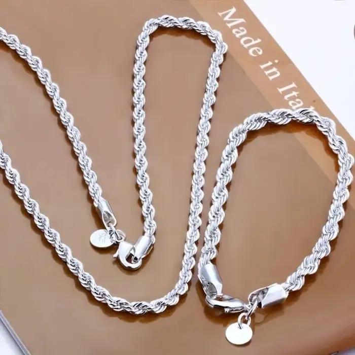 Couleur argent 4mm chaîne mâle corde torsadée collier Bracelets mode femmes hommes