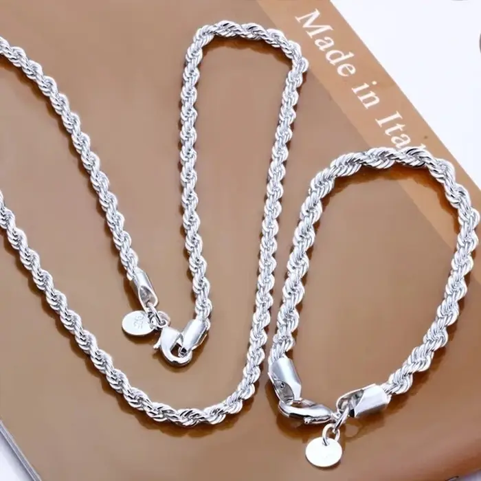 Haute qualité 925 argent 4MM femmes hommes chaîne mâle torsadé corde collier Bracelets mode argent e