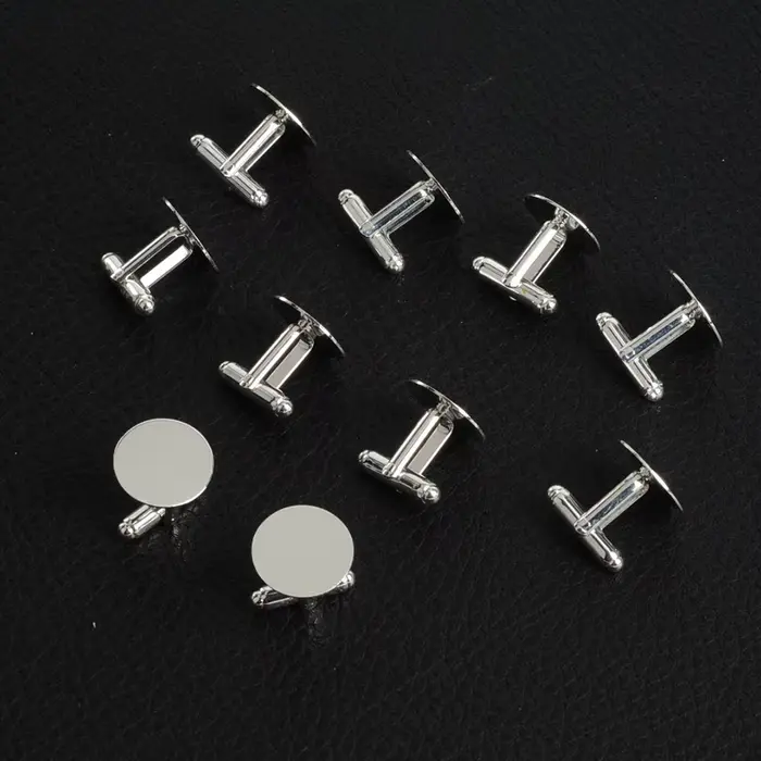 Boutons de manchette ronds en métal plaqué argent, 50 pièces/lot, 16mm, à la mode, cadeau, couleur argent vierge