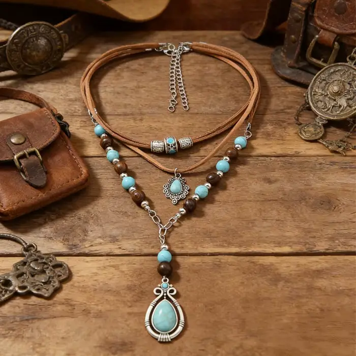 Collier vintage multi-couches pour femmes • Chaîne de cou avec pendentif de style ethnique • Bijoux polyvalents de style bohème, cadeaux de Noël