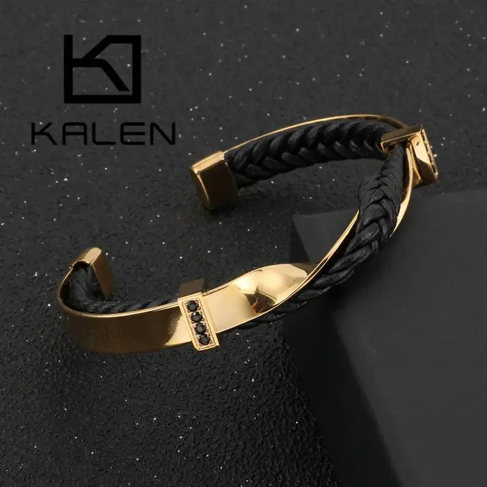 KALEN Bracelets irréguliers uniques pour hommes or/couleur acier inoxydable cuir de vachette