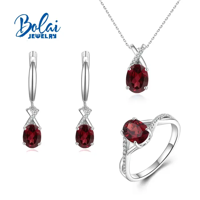 Ensemble de bijoux fins en argent S925 avec pierres précieuses grenat naturel, comprenant une bague,