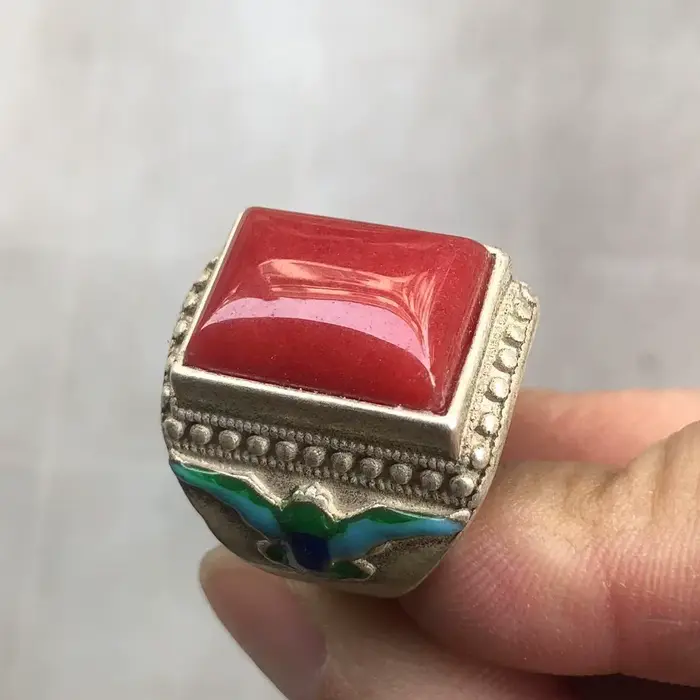 Bague Chevalière Vintage en Argent Émaillé Cloisonné
