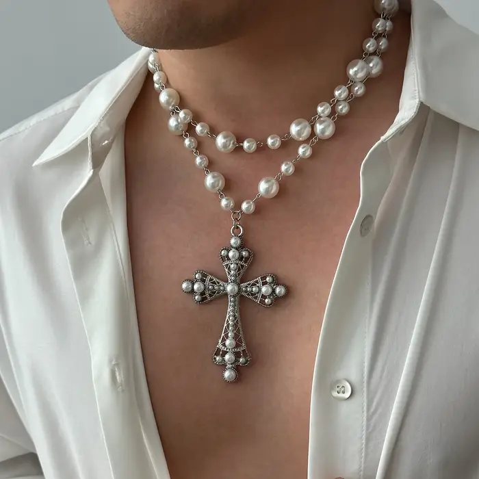IngeSight.Z-Collier ras du cou en perles pour hommes et femmes, breloque, pendentif croix de Jésus, 
