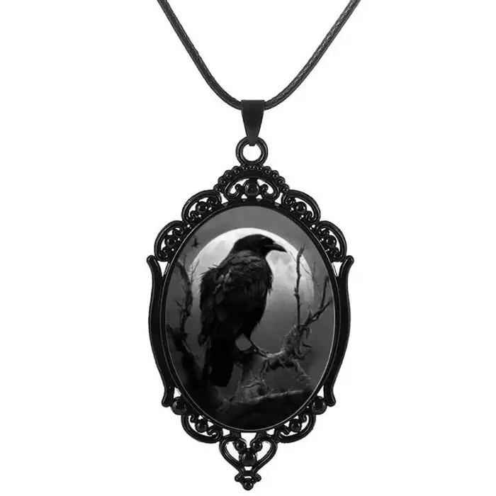 Gothique rétro foncé ovale dentelle corbeau lune verre pendentif collier pour les femmes Hallowmas fête Punk mode bijoux accessoires cadeau
