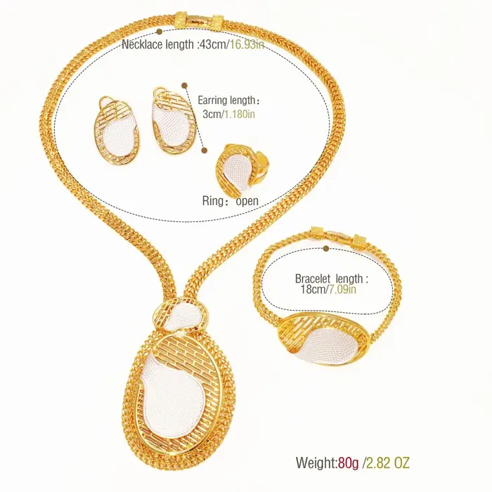 Ensemble de Bijoux Élégants pour Femme Occasions Spéciales Plaqué Or 18 Carats Collier Boucles d'Oreilles Bague Bracelet