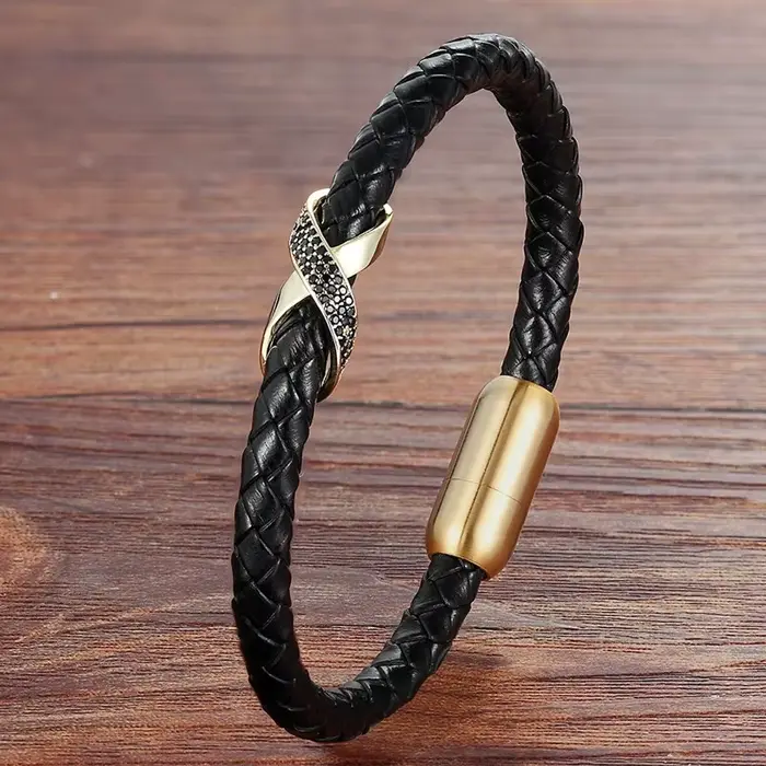 XQNI Infinity Logo Design Bracelet en cuir pour hommes croix luxe en acier inoxydable bijoux cadeau bracelets avec boucle magnétique