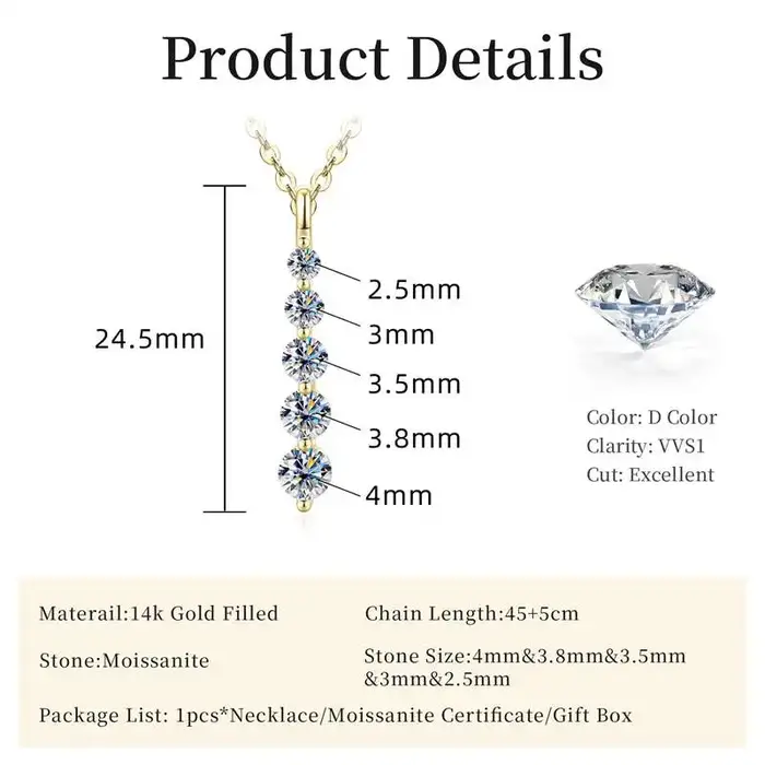 Lnngy – collier brillant en Moissanite à 5 pierres, collier à pendentif long en or rempli de 14 cara