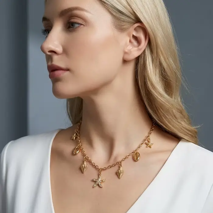 Collier pendentif étoile de mer et coquillage en zircon pour femmes style vacances d'été à la plage bijou tendance et polyvalent pour occasions spéciales