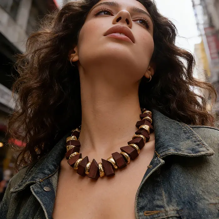 Collier ras du cou en bois et or (Luxueux et naturel) – Bijou audacieux idéal pour les brunches et les tenues élégantes