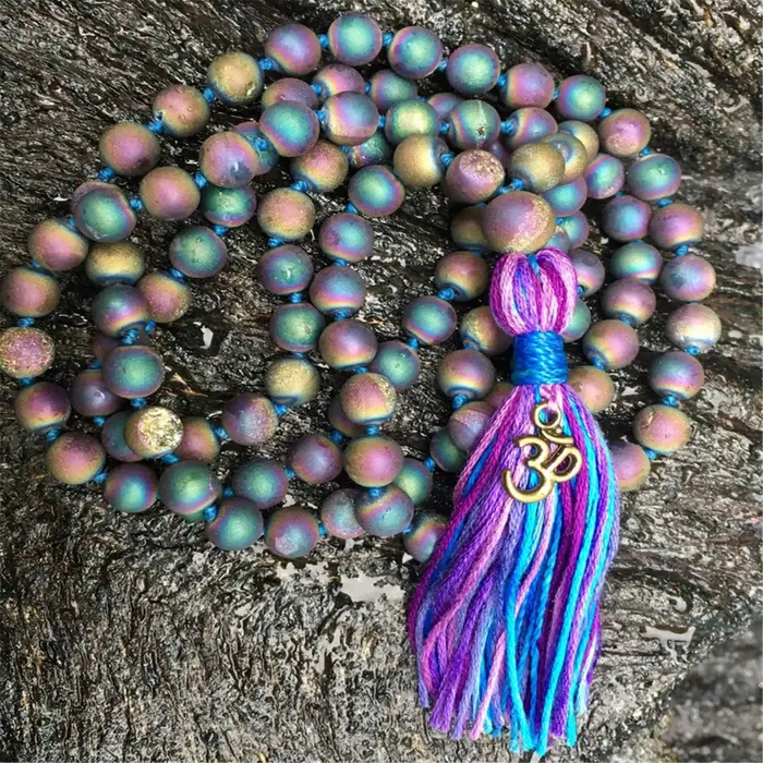 Collier en hématite couleur 108 perles, 8mm, noué avec des glands, religieux, classique, Yoga, spiri