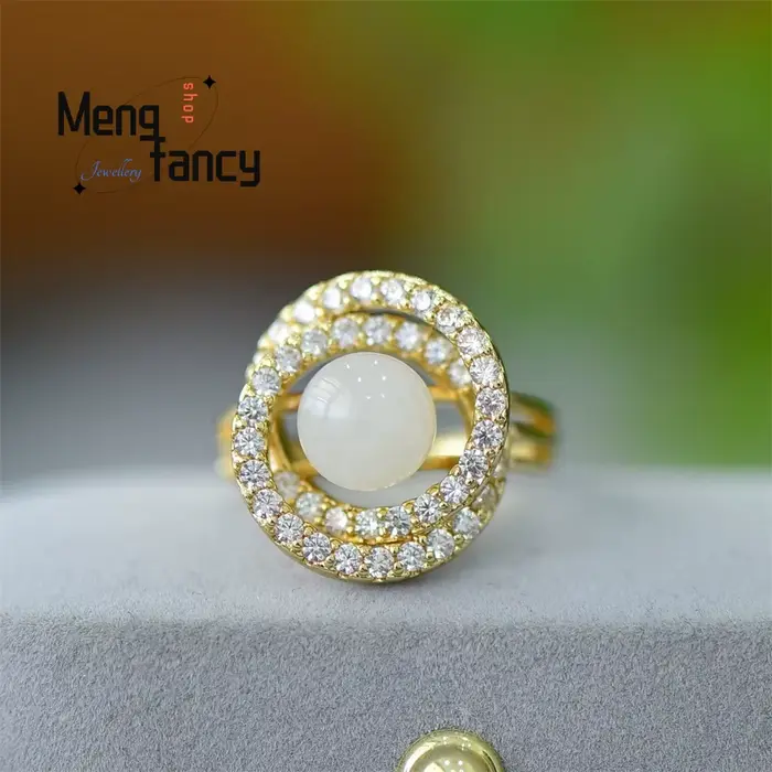 Bague en cuivre incrusté de jade blanc Hetian naturel, forme œuf de pigeon, bijoux de mode exquis, cadeaux populaires pour jeunes filles et couples, idéal pour les fêtes.