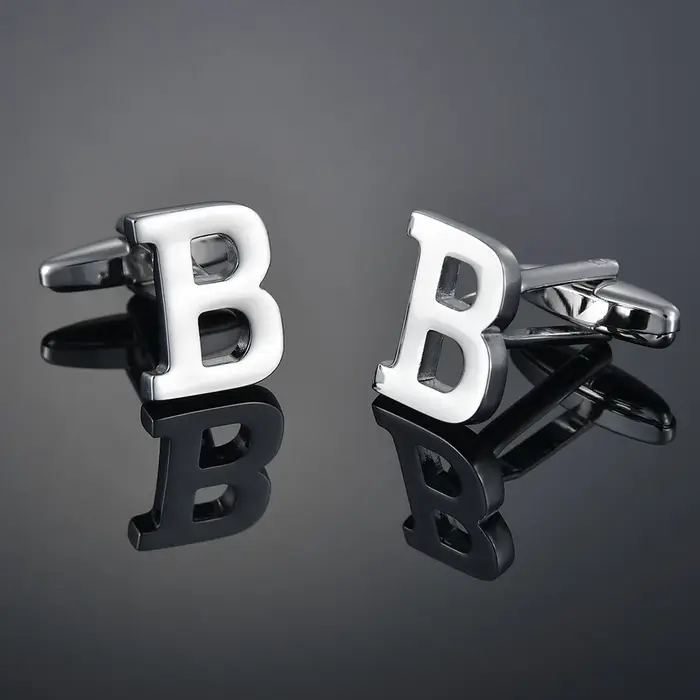 Boutons de manchette simples couleur argent 26 lettres pour hommes