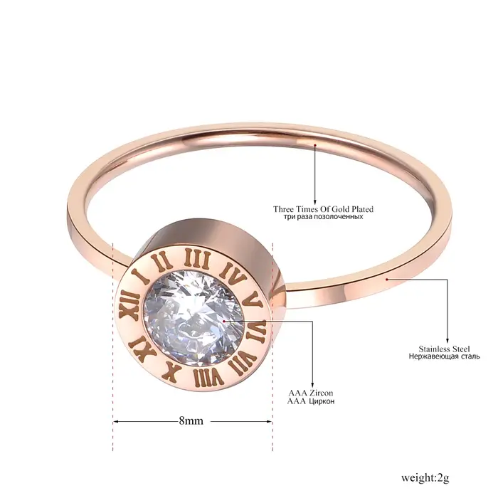 Bague en acier inoxydable plaqué or rose avec zircon AAA pour femmes occasions spéciales fiançailles mariage noël soirée formelle romantique