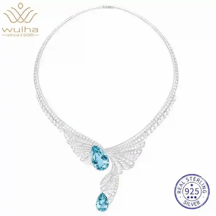 WUIHA Vintage 100% 925 argent Sterling 13 CT laboratoire saphir aigue-marine diamants à haute teneur en carbone pierres précieuses pendentif collier bijoux fins