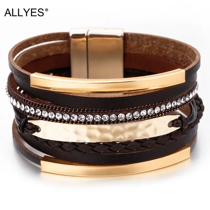 ALLYES Bracelet en cuir multicouche pour hommes breloque de barre en métal tressé noir large enveloppe homme Bracelets